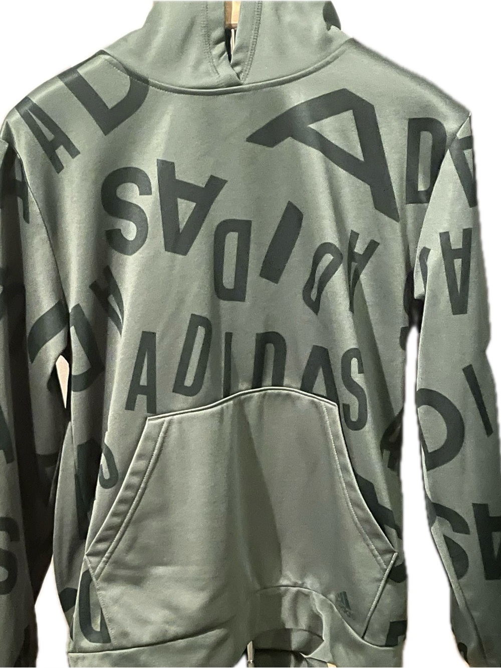 Adidas Boys Olive Green Allover Logo Pullover Hoodie